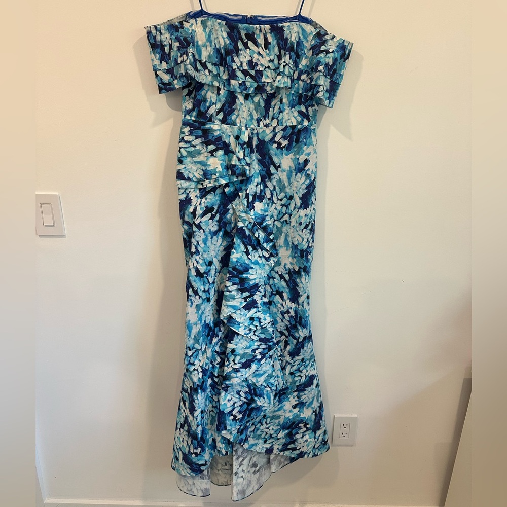 Blue Patterned Off-Shoulder Gown